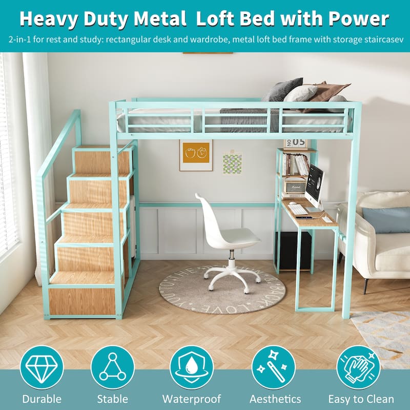 Roomfitters Full Size Loft Bed with Desk and Storage Cabinets, Metal High Sleeper with Staircase and Charging Station, Green