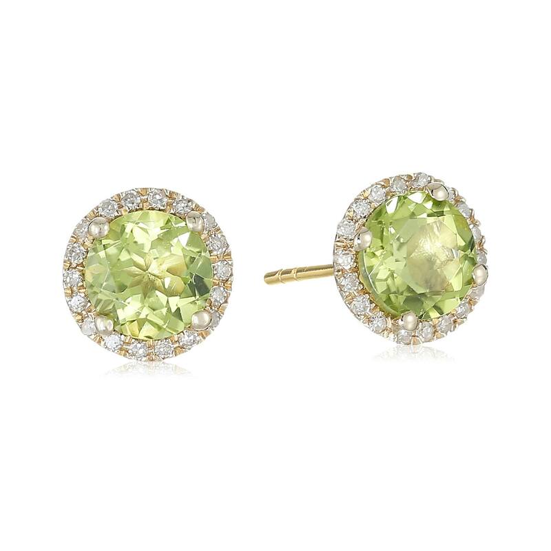 14k Yellow Gold Peridot and Diamond Classic Princess Di Halo Stud Earrings