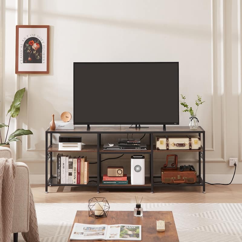 VECELO Wood TV Stand with Charging Station with Metal Frame, Storage Shelves Entertainment Center TV Cabinet