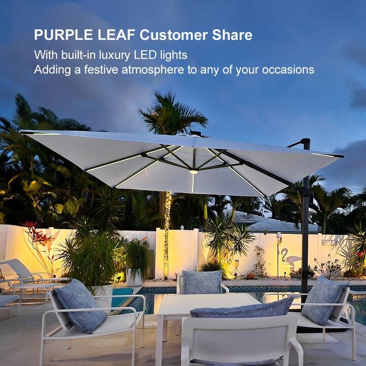PURPLE LEAF 10 ft Solar Powered LED Patio Cantilever Umbrella with 360-degree Rotation