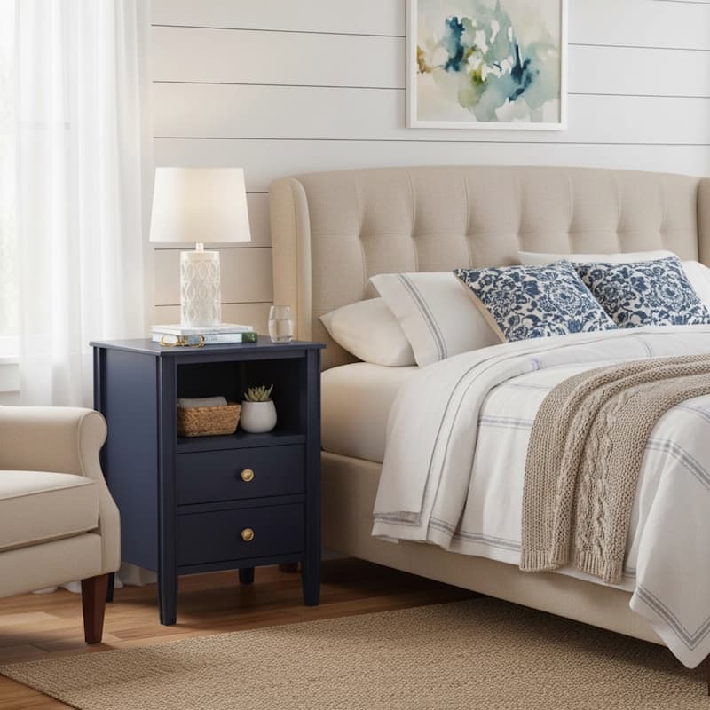 Modern Nightstand with 2 Drawers and Open Shelf Fluted Legs No Assembly - Dark Blue