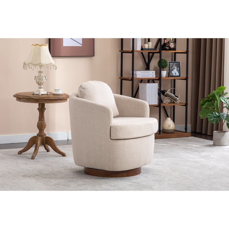 Linen Fabric Swivel Accent Chair With Soild Wood Round Brown Base Leg