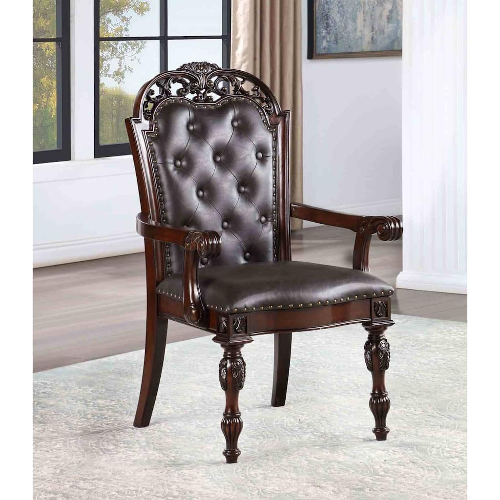Traditional Brown Finish Arm Chairs Set Tufted