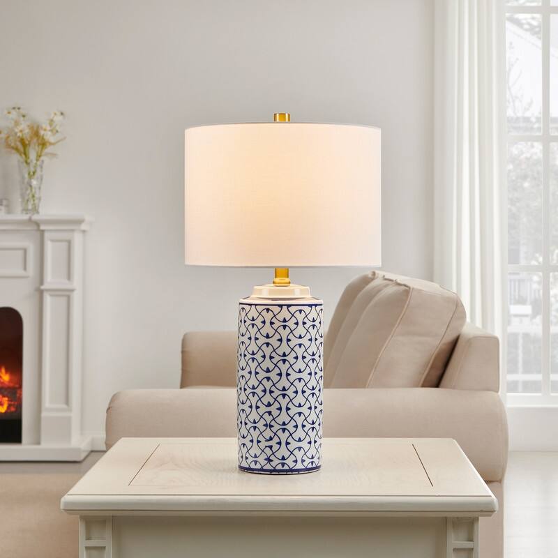 21.75 inch Blue Ceramic Table lamp with White Drum Lampshade - W12" x H21.75" - W12" x H21.75"