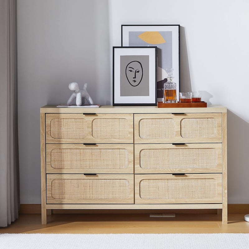 Wooden Rattan Woven 6-Drawer Storage Dresser Cabinet - Natural