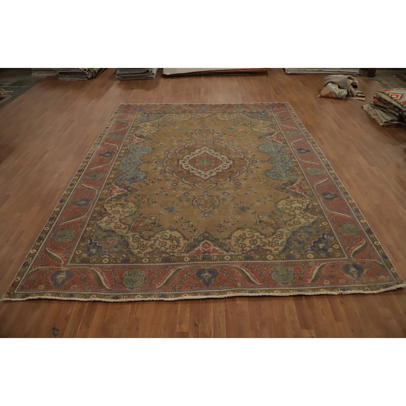 Hand Knotted Oriental 100% Wool Carpet Traditional Floral Brown Tabriz Area Rug - 12' 6'' X 9' 11''