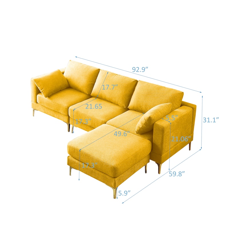 92'' Fabric L-Shape 3-Seater Sofa with Ottoman, Gold Metal Legs, and Toss Pillows