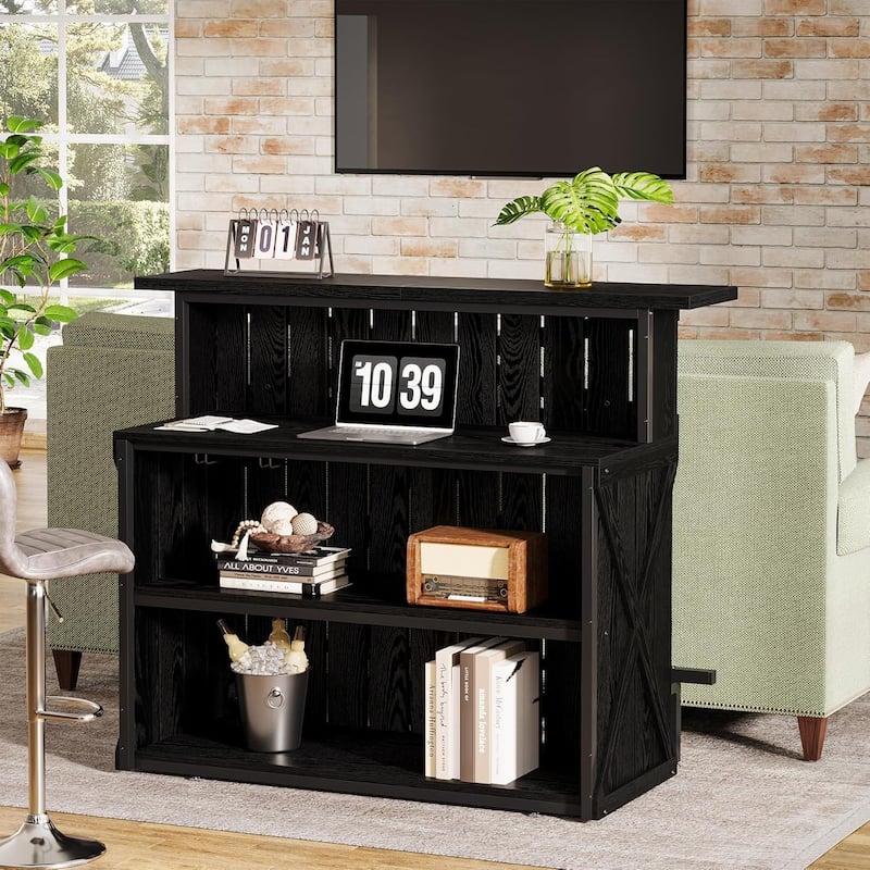 55 Inches Modern Home Bar Unit, 4 Tiers Pub Table with Footrest, Wine Bar Cabinet
