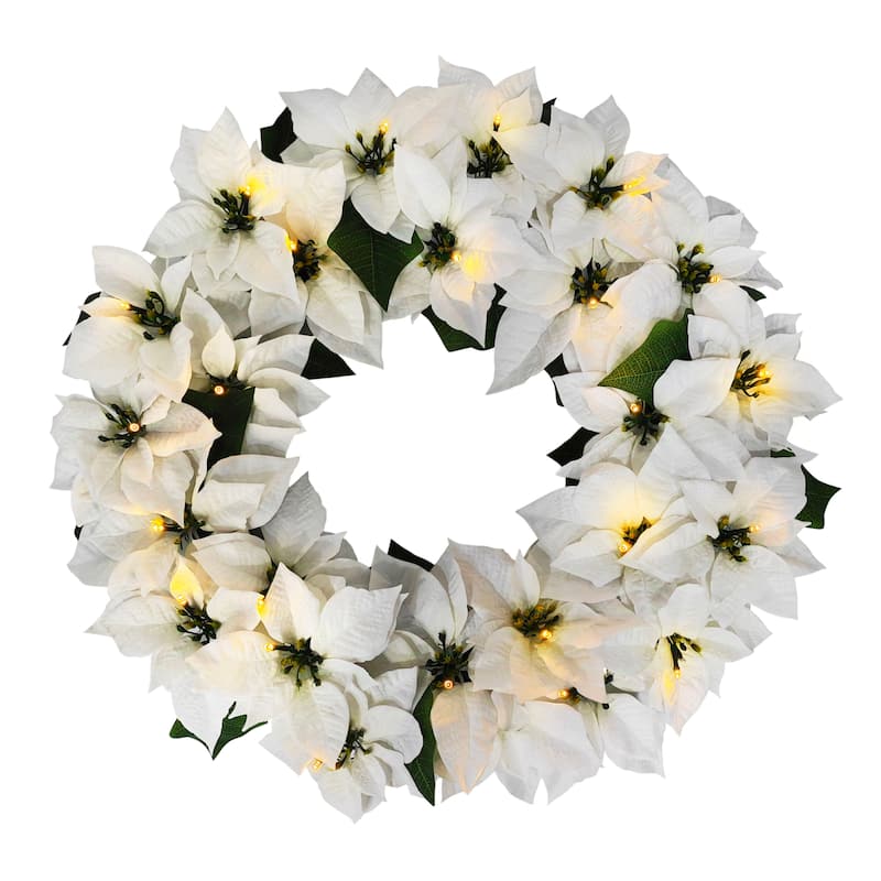 Puleo International 24" Pre-Lit Battery-Operated Artificial White Poinsettia Wreath