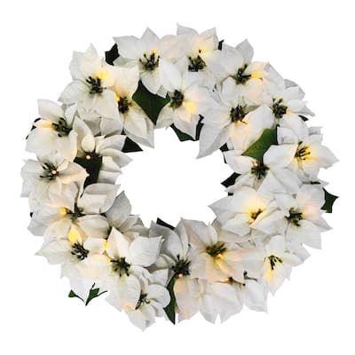 Puleo International 24" Pre-Lit Battery-Operated Artificial White Poinsettia Wreath