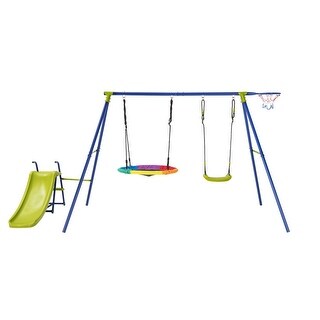 4-in-1 Heavy-Duty Metal Playset with Slide and Basketball Hoop - Multi - 138" x 59.5" x 67.5"
