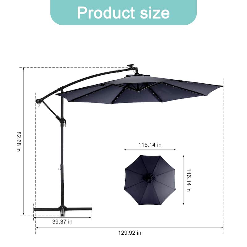 HOMEFUN 10ft Solar LED Offset Hanging Market Patio Umbrella