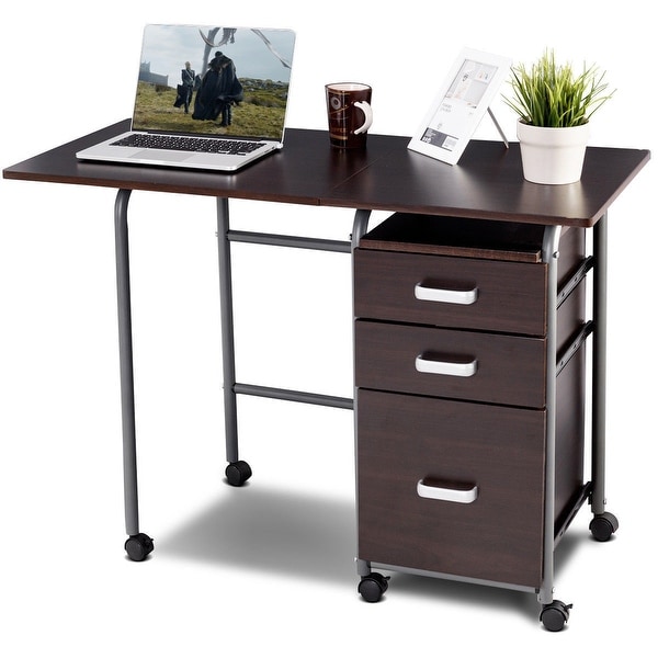 Gymax Folding Computer Laptop Desk Wheeled Home Office Furniture w/3 Drawers Brown