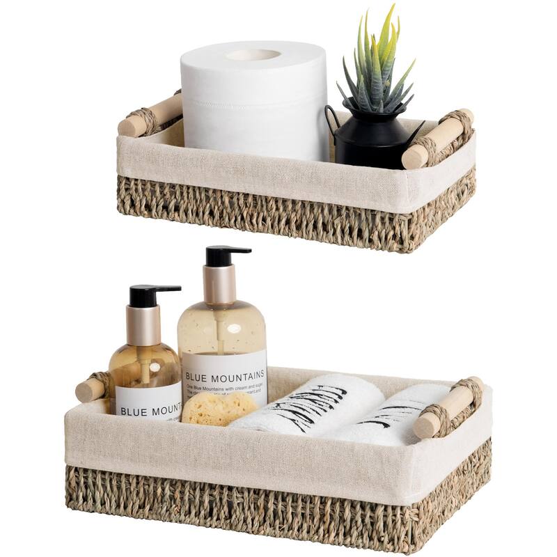 2-pack Natural Wicker Baskets with Liner and Handle, Storage Basket for Bathroom, Living Room, Kitchen - 3.25"D x 12"W x 7.75"H - Seagrass