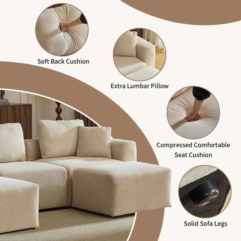 112.2‘’ W Corduroy Modern Compressed Block Sectional Couch with Plush Cushions