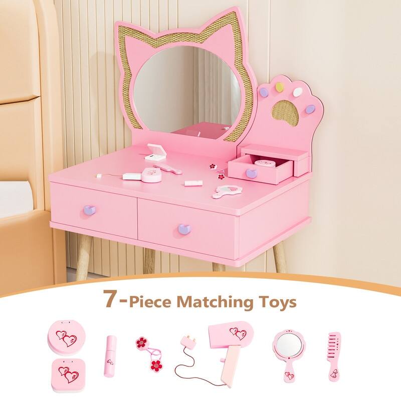 Kids Cat Mirror Vanity Makeup Dressing Table With 7 Pretend Play Accessories - N/A