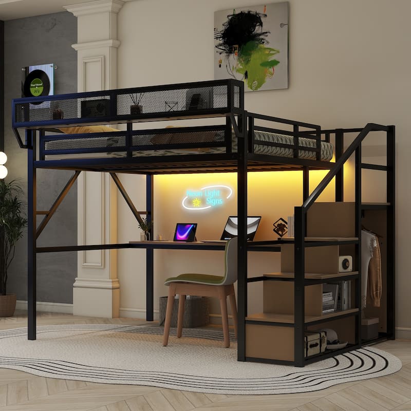 Iron Loft Bed Frame with Desk, Charging Station, Bedside Shelf and Wardrobe, Heavy Duty Metal Loftbed with LED Lights