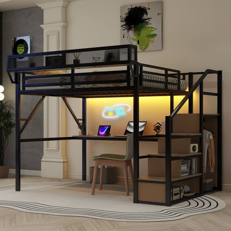 Metal Loft Bed with Storage Stairs Upper Storage Shelves and Wardrobe, Metal Structure Bed Optional Desk Charging Station