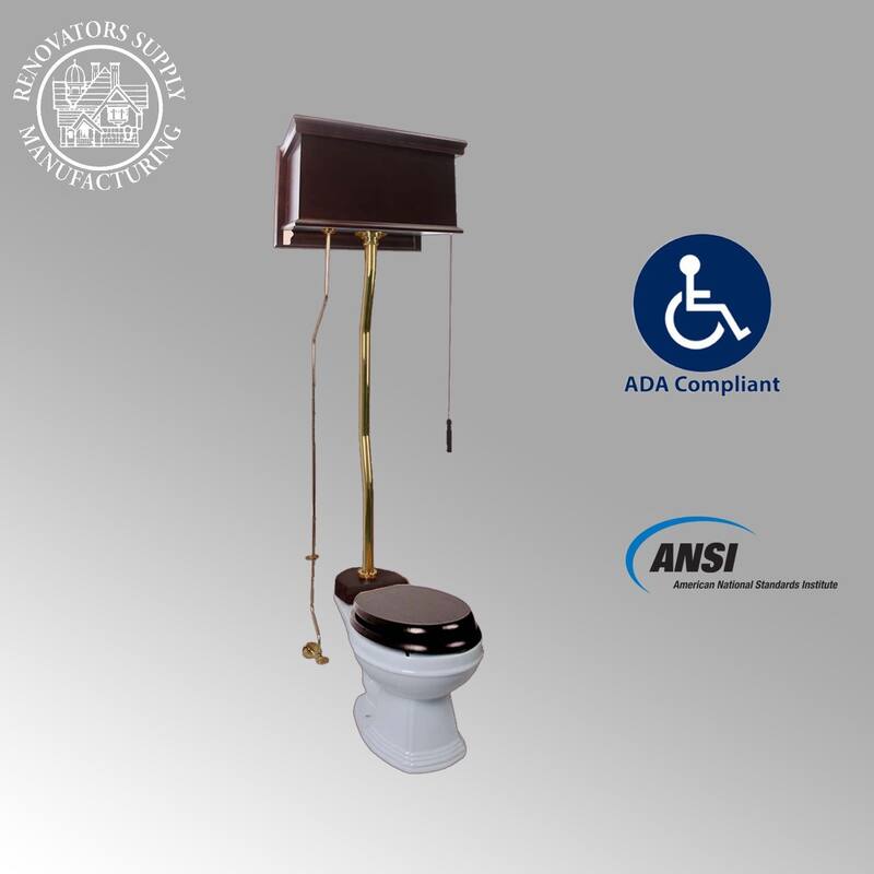 Dark Oak Wooden High Tank Toilet Tank, Elongated White Bowl and Brass Z Pipes