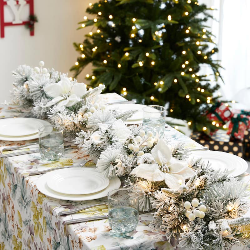 Glitzhome Set of 2/4 6ft Pre-Lit Flocked Greenery Pine White Poinsettia Christmas Garland