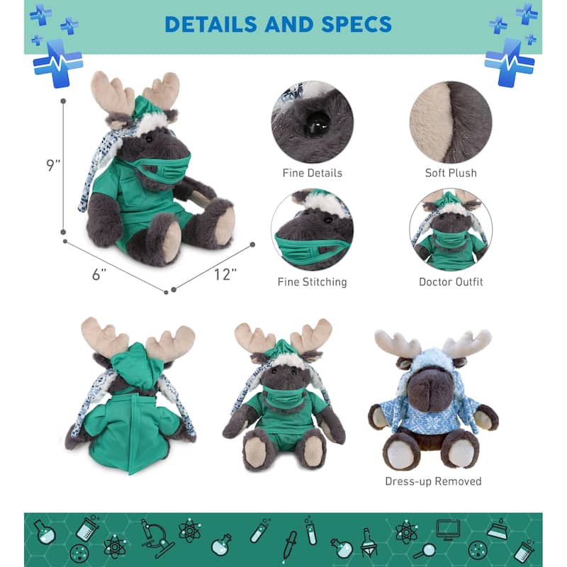 DolliBu Grey Moose Doctor Plush with Cute Scrub Uniform and Cap Outfit - 15 inches