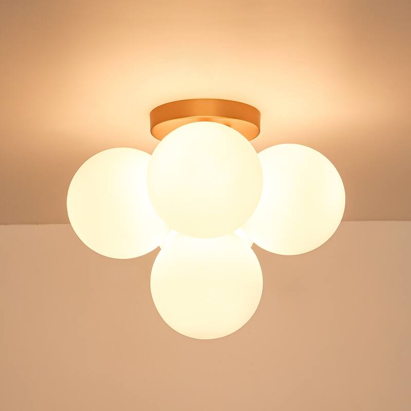 5-Light Modern Gold Frosted Glass Globe Semi-Flush Mount Light - 15 in. diameter × 12.2 in. height