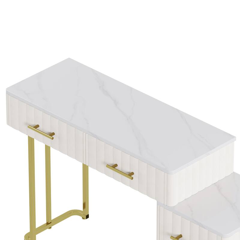 Velvet Upholstered Makeup Vanity Desk with 5 Storage Drawers, Marble-Look Sticker Top Dressing Table and Padded Makeup Chair Set