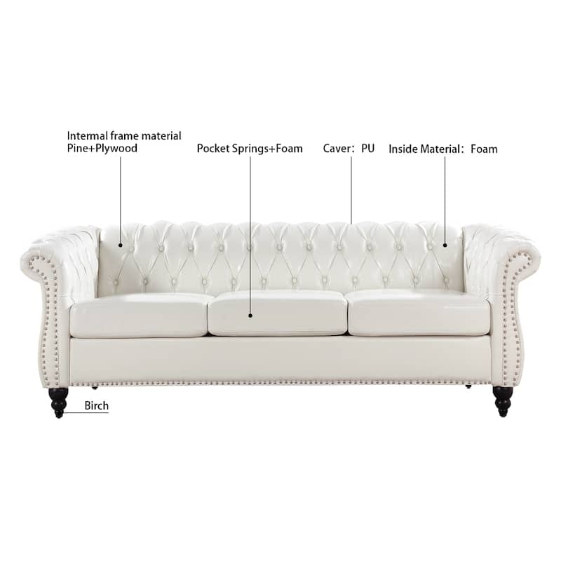84.65" PU Rolled Arm Chesterfield 3 Seater Sofa