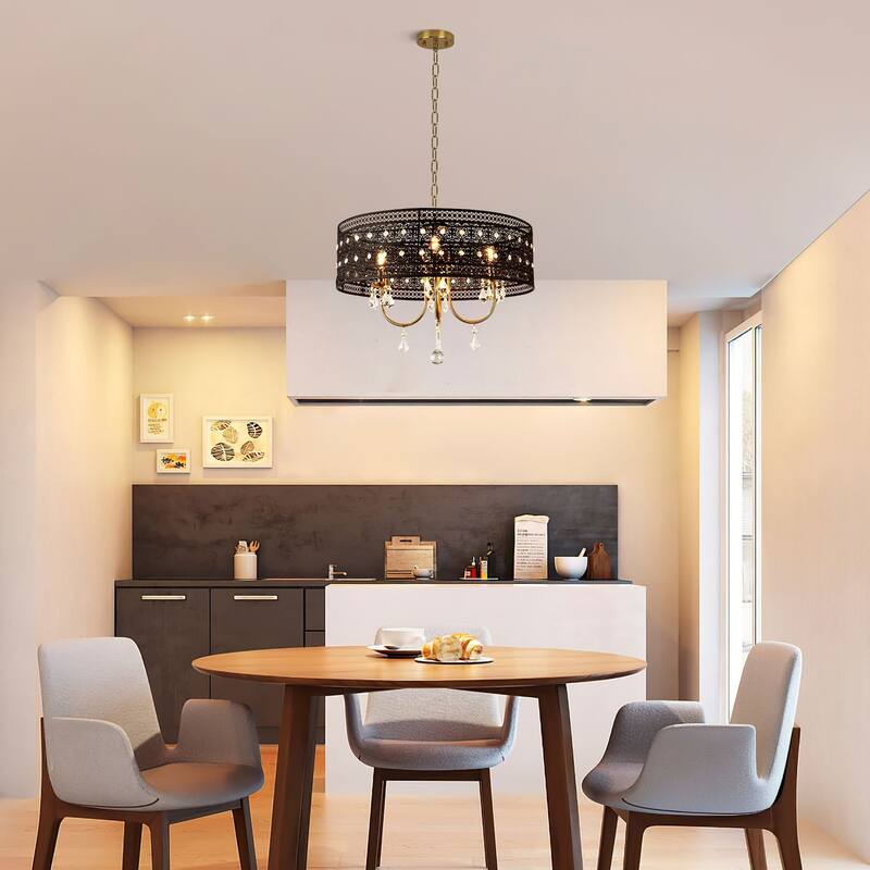 4-Light Elegant Black Lace - Trimmed Crystal Chandelier with Gold - Tone Hardware for Home Decoration - Matte Black