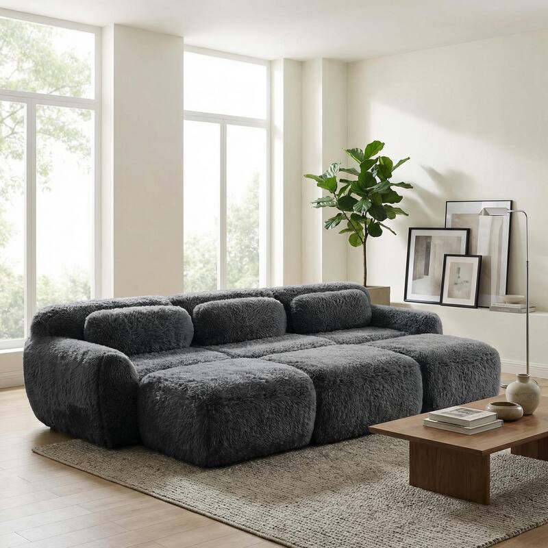 Homy Casa Modular Sectional Sofa, Dark Grey Plush Fabric with Non-Slip Base, No Assembly Living Room Couch with Pillows