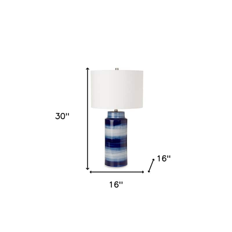 HomeRoots Set of Two 30" Blue and White Ceramic Cylinder Table Lamps With White Drum Shade - 16' X '30' X '16