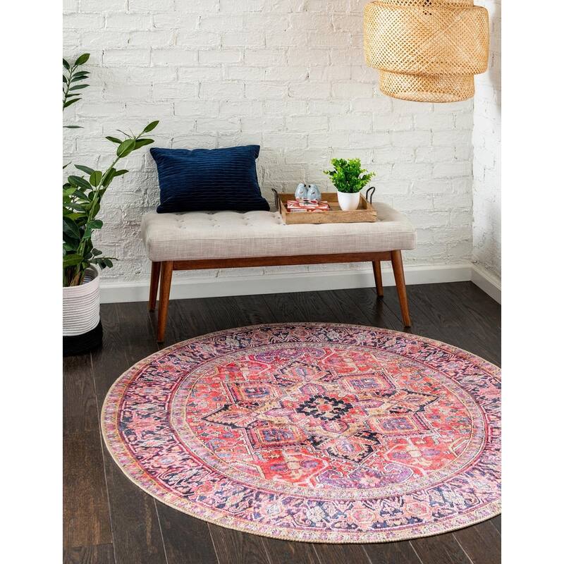 Traditional Rine Collection Area Rug - 7'7" Round - Red