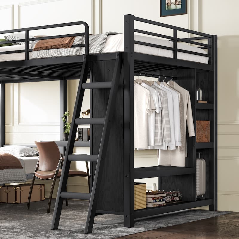 L-shaped Triple Bunk Bed with Desk and Wardrobe, Twin XL over Twin XL Bunk Bed with an Attached Full Loft Bed