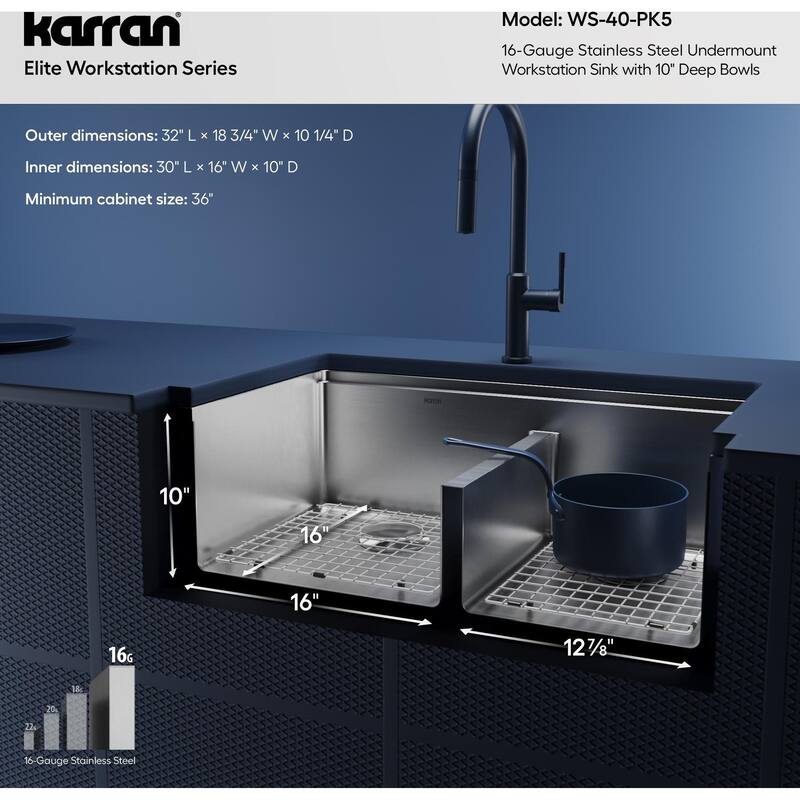 Karran USA WS-40-PK5 Elite Workstation 32" Rear-Drain Undermount