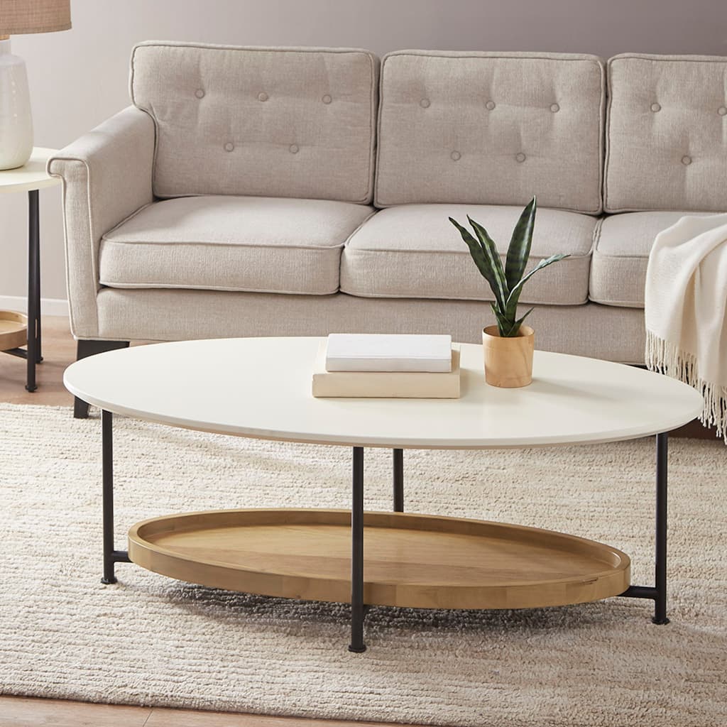 Roomfitters 48-Inch Oval Coffee Table, Contemporary White Top with Natural Wood Lower Shelf and Black Metal Legs
