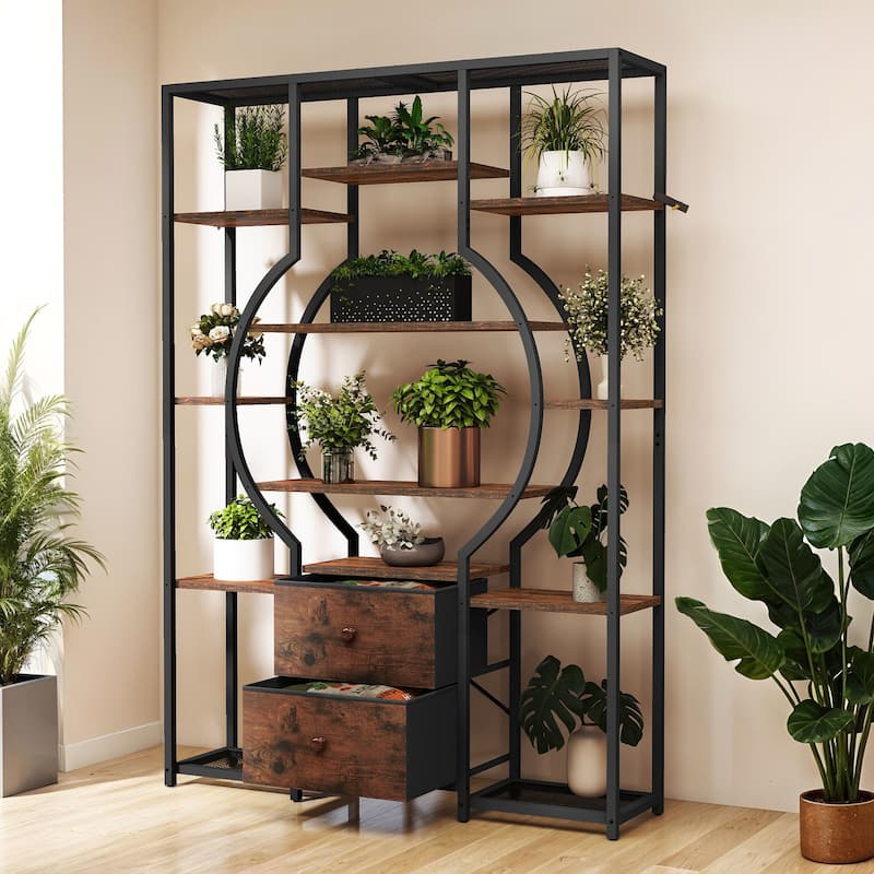 Moasis 6-Tier Bookshelf with 2 Drawers & 12 Open Shelves,Industrial Display Shelf Unit Bookcase - Black/Brown