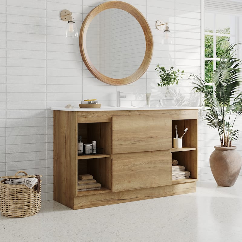 47"Mid Century Single Bathroom Vanities with Sink, White Vanities with 2 Drawers and 4 Shelves