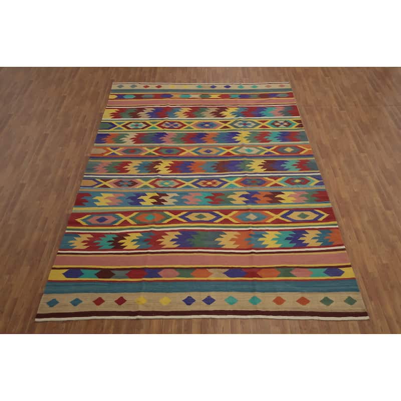 Hand Woven Oriental 100% Wool Carpet Southwestern Tribal Multi-Colored Kilim Area Rug - 13' 5'' X 9' 4''