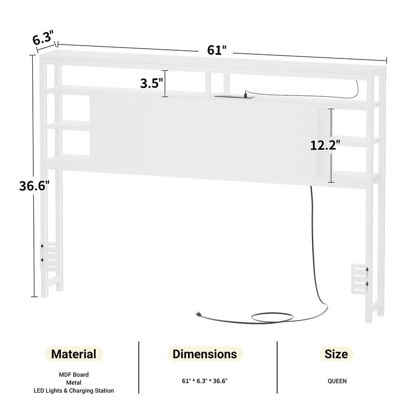 Headboards with Storage Shelves, Head Board with Power Outlet and LED Light for Bed Frame