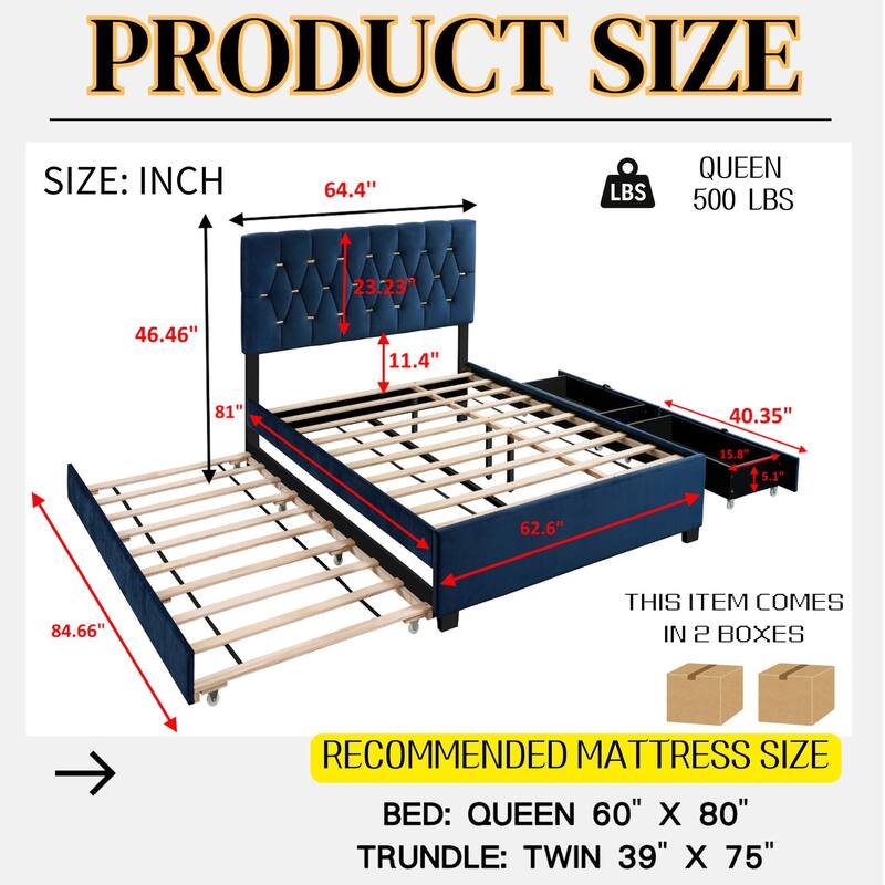 Queen Size Trundle Bed Upholstered Platform Bed Frame with Pull-Out Twin Trundle and Two Storage Drawers, No Box Spring Needed