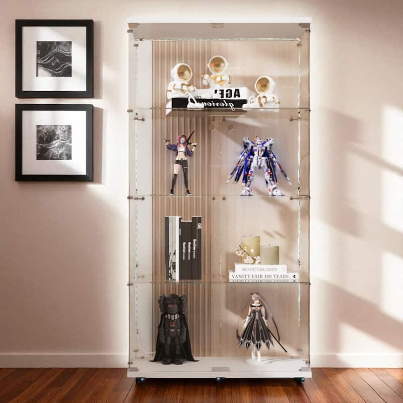 Tempered Glass Display Cabinet with Bluetooth LED Lights, Lockable Doors and Casters, Wine & Storage Cabinet for Home Office - White