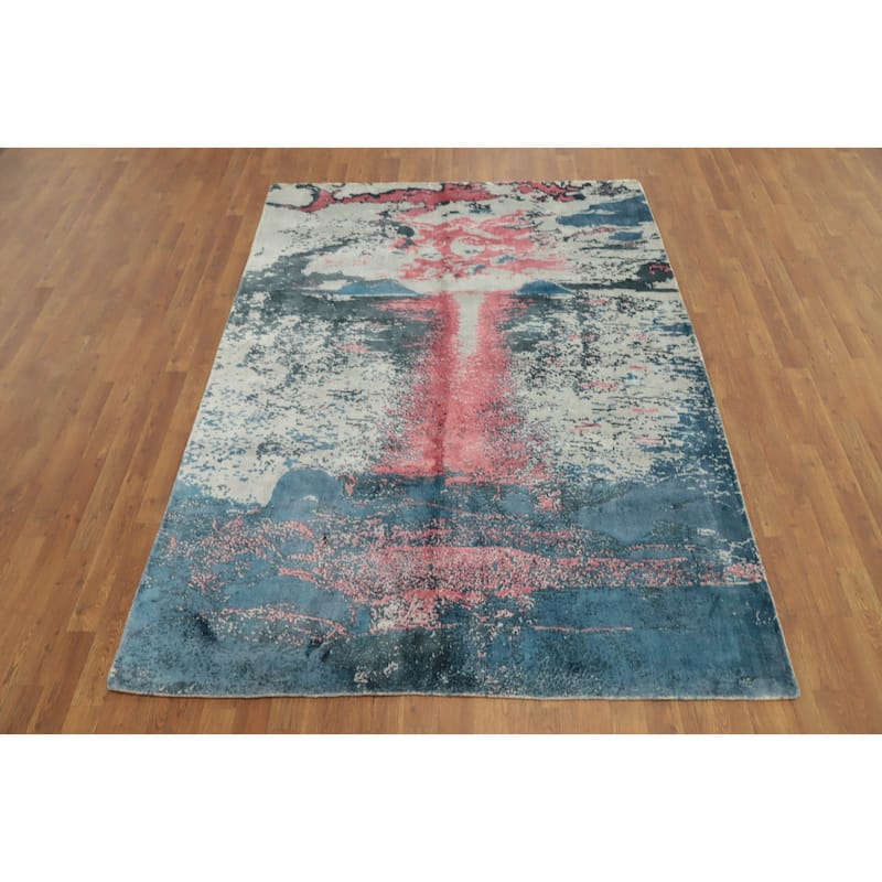 Hand Knotted Oriental Viscose Silk Carpet Modern Pictorial Multi-Colored Abstract Area Rug - 7' 11'' X 5' 8''