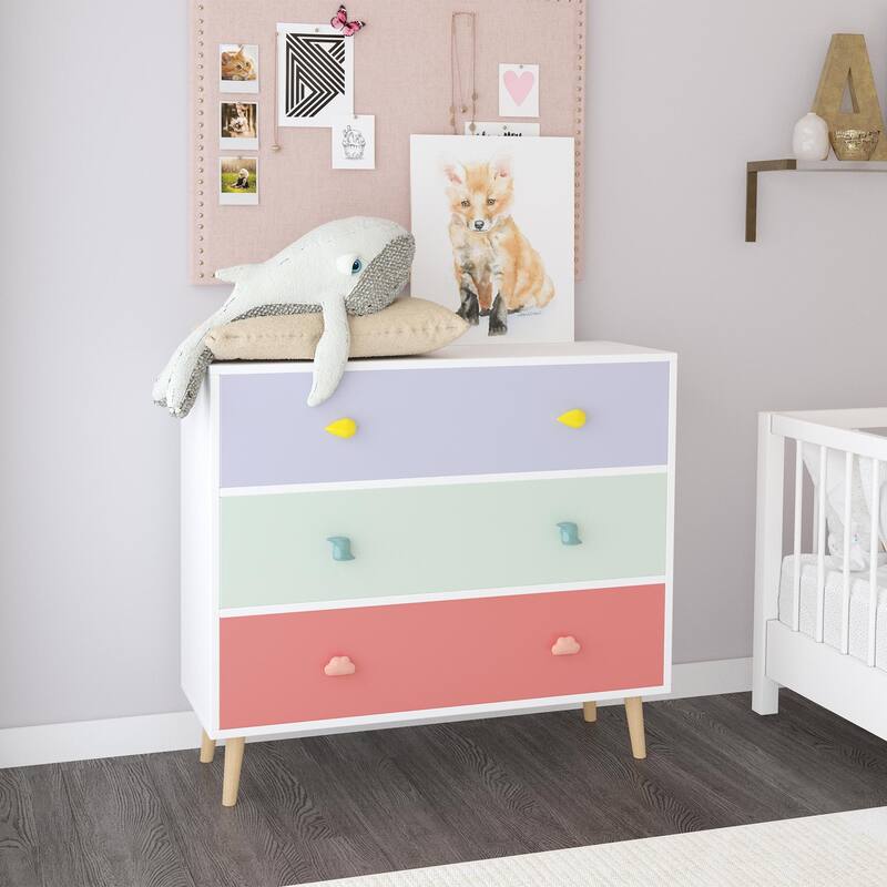 Anmytek Kids 3 Drawer Chest with Pastel Drawers Cartoon Handles Nursery and Playroom Storage - Multi