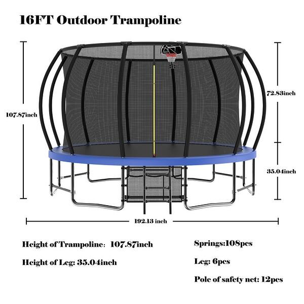 16 ft. Blue Round Outdoor Trampoline with Basketball Hoop and Enclosure Net