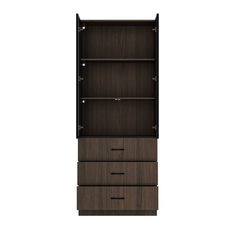 Bookshelves Bookcase Modular Glass Display Cabinet with LED Lights, Dark Wood Storage Combination Cabinet System