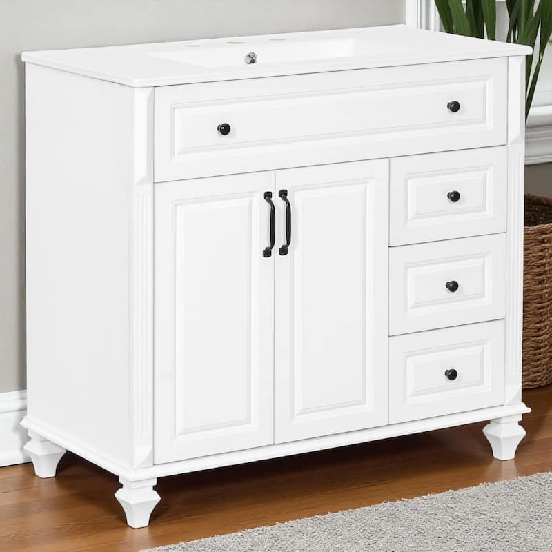 36-Inch Solid Wood Bathroom Vanity with Ceramic Sink, Flip Drawer, 3 Drawers and 2 Doors, Freestanding MDF Cabinet - White