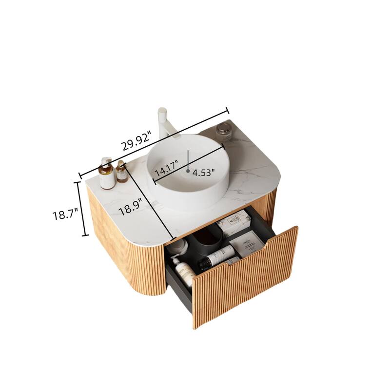 Plywood Wall-Mounted Bathroom Vanity Set with Integrated Ceramic Sink in Natural Wood