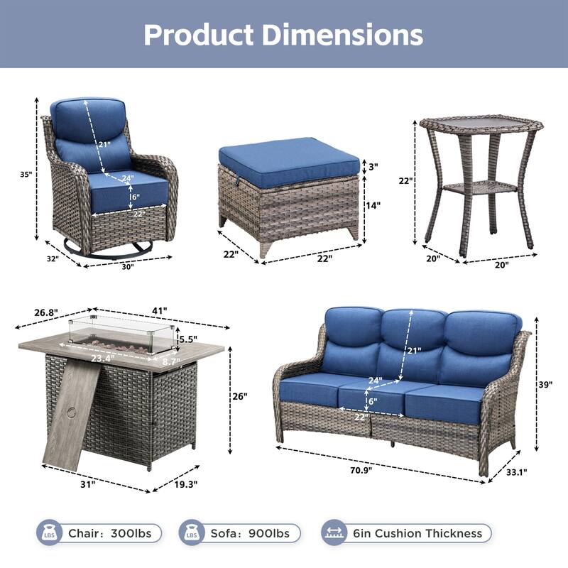 Meyreso 7-Piece Wicker Outdoor Patio Fire Pit Conversation Set with 6-Inch Thick Cushions