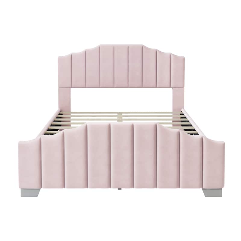 Queen Size Velvet Upholstered Platform Bed Vertical Channel Tufted Headboard and Footboard, No Box Spring Needed, Pink