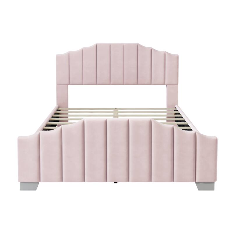 Velvet Upholstered Platform Bed Frame Vertical Channel Wingback Bed Tufted Headboard Footboard, Low Profile Panel Bed